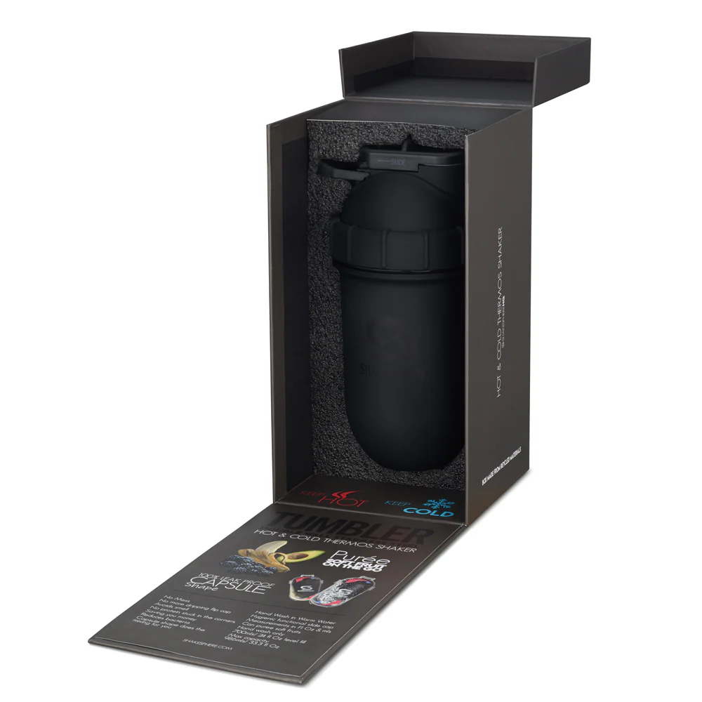 Black thermos in an open box with product information.
