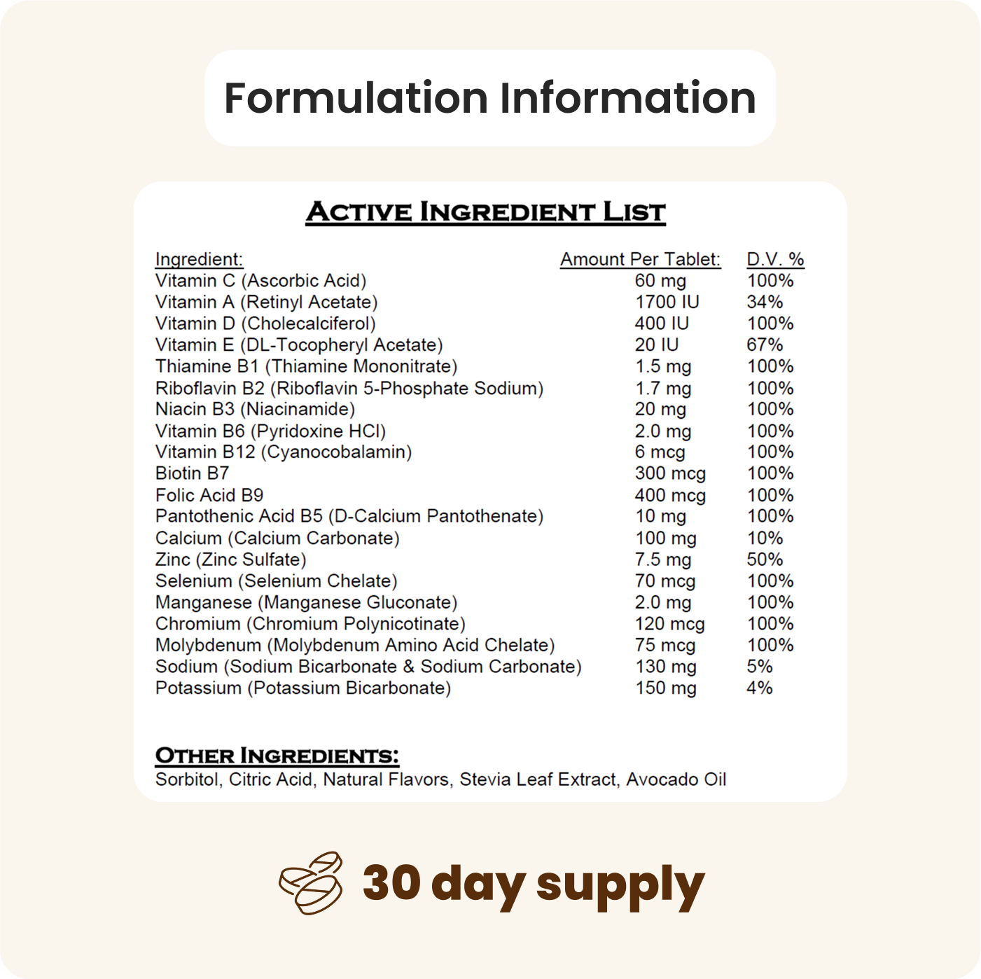 Supplement formulation information with active ingredient list and daily values.