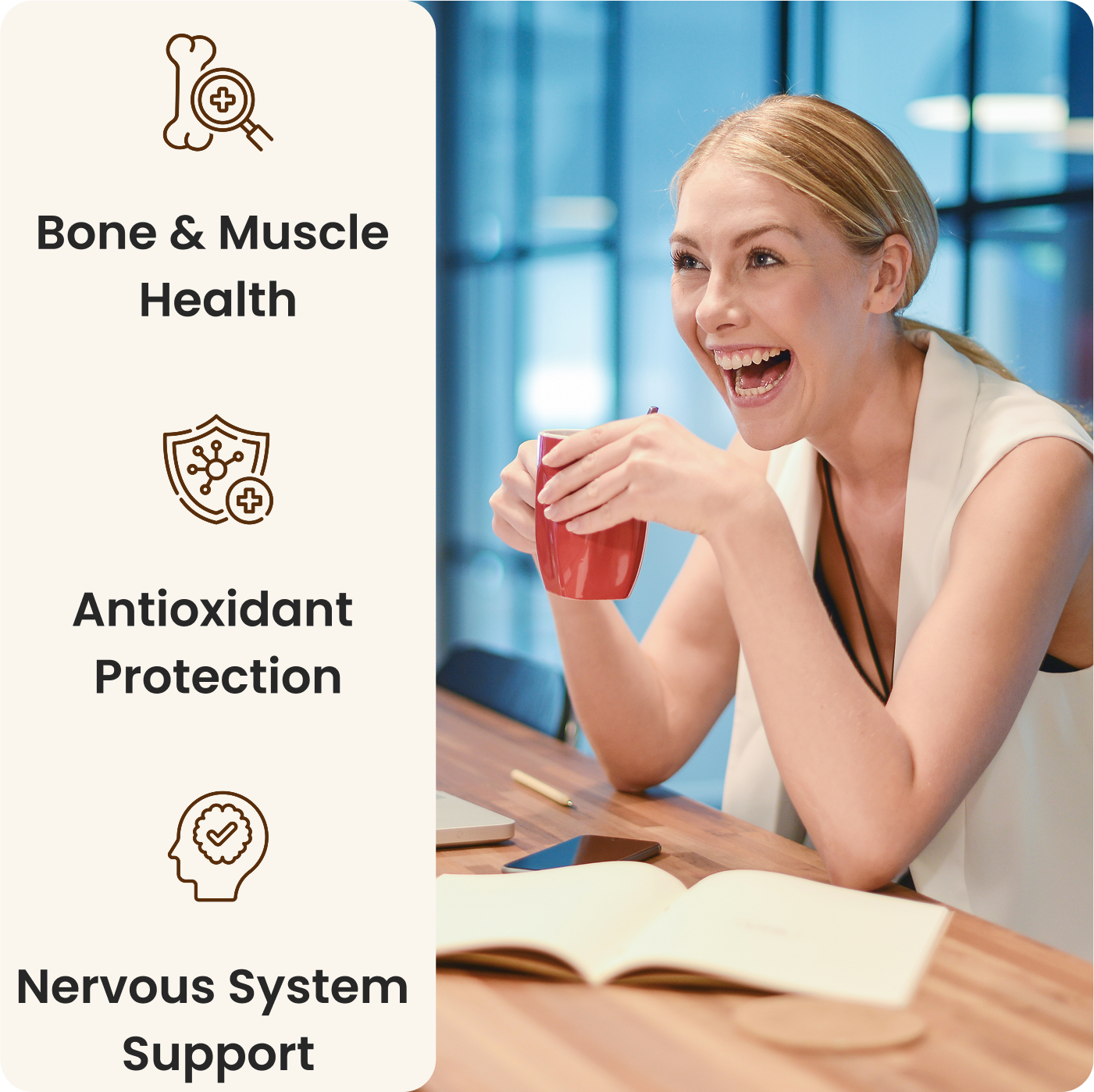 Smiling person with a red mug, health benefits listed beside.