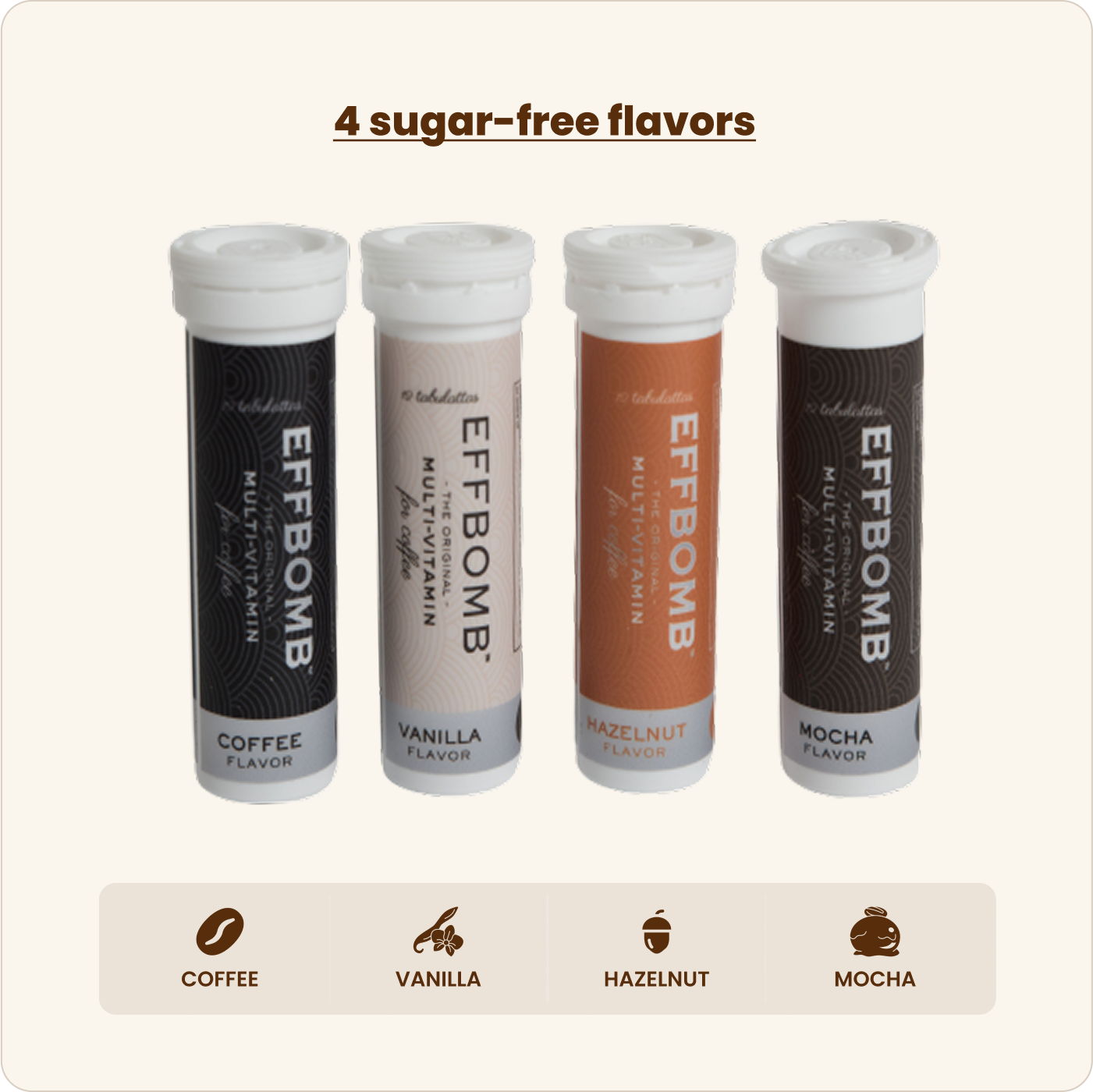 Four sugar-free multivitamin drink tubes in coffee, vanilla, hazelnut, and mocha flavors.