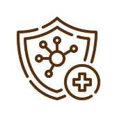 A brown outline of a protective shield with a virus icon and a medical cross symbol.