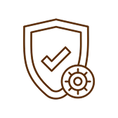 A shield with a checkmark and a gear icon.