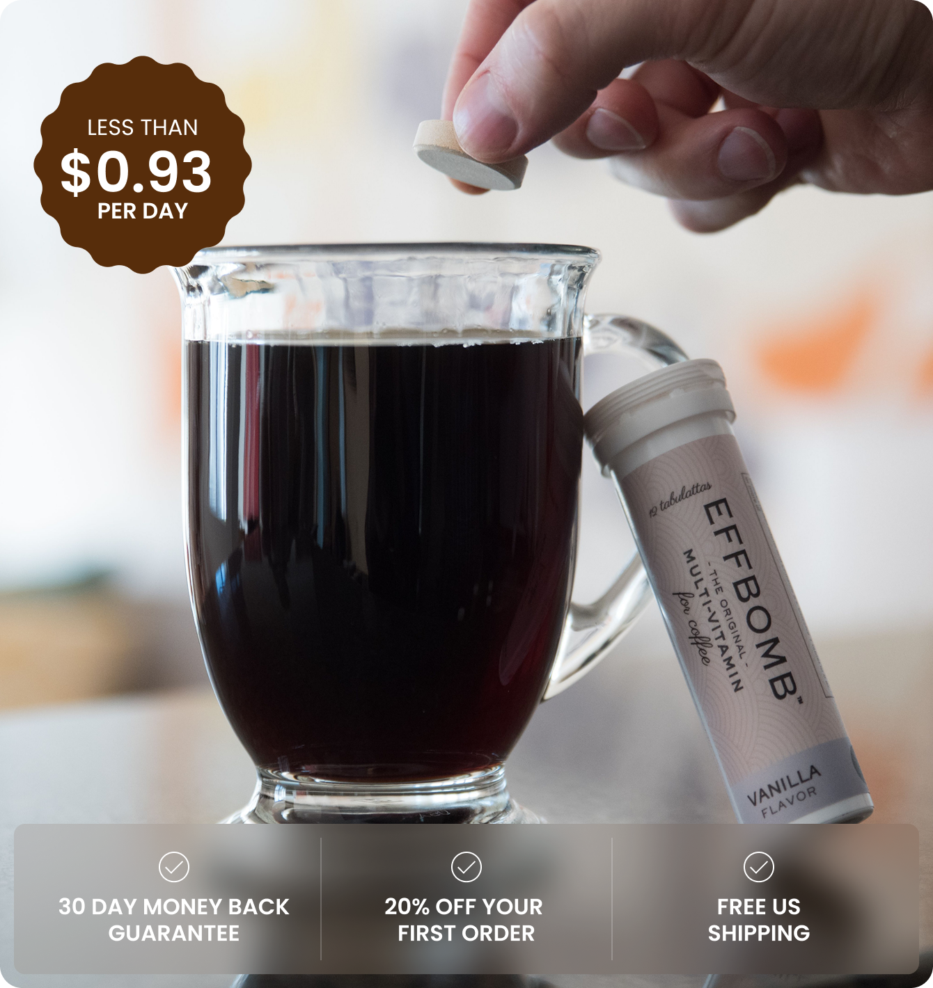 A hand drops a tablet into a cup of coffee, with promotional offers displayed.