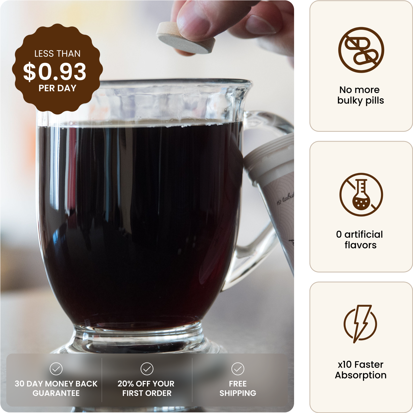 Hand dropping a tablet into a glass mug of dark liquid with promotional text.