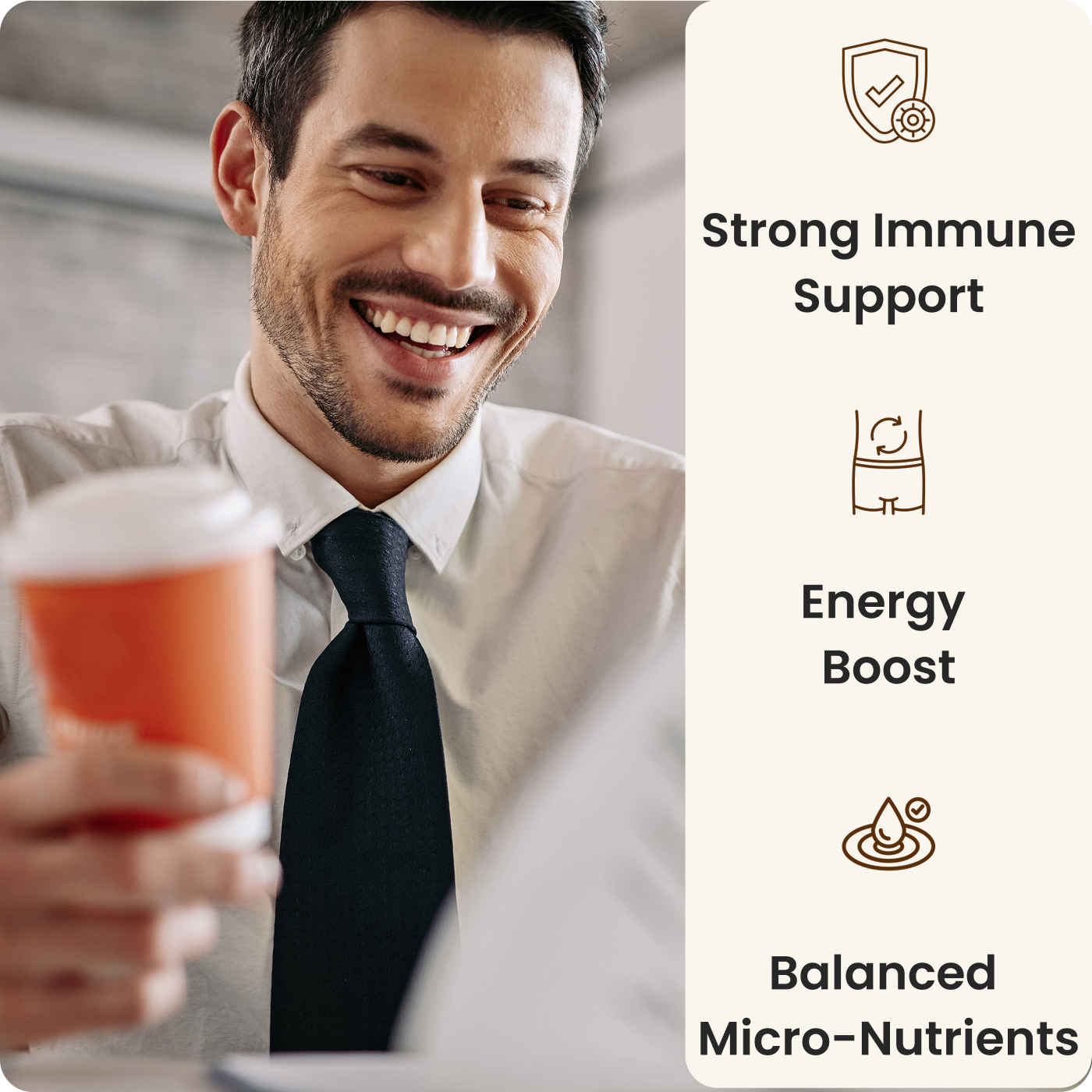 Man holding coffee with text promoting immune support, energy boost, and balanced micronutrients.
