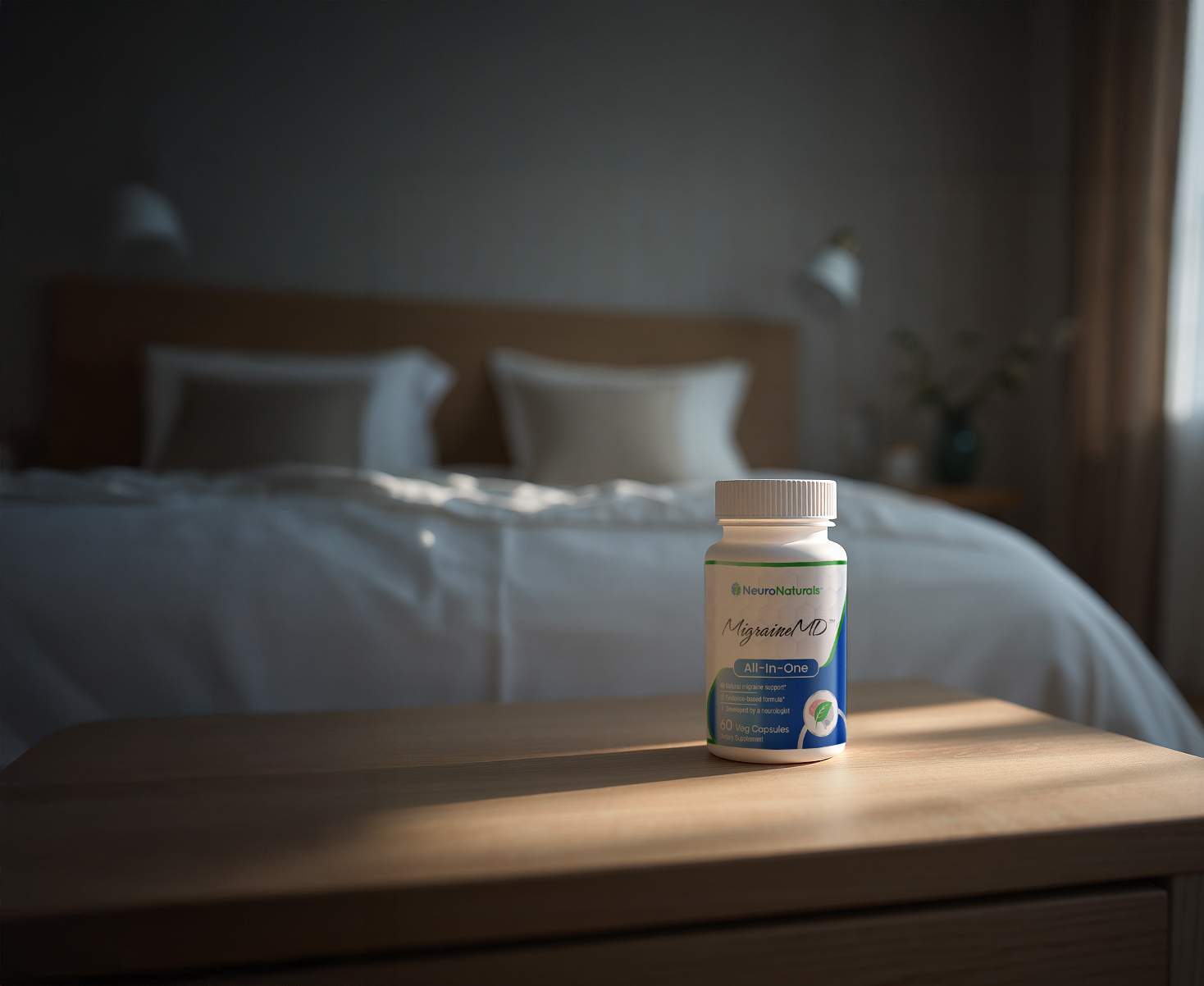 A bottle of supplements on a wooden table in a bedroom.