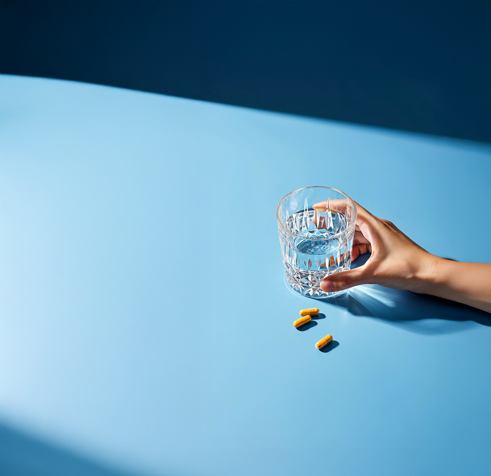 Hand holding a glass of water next to three yellow pills on a blue surface.