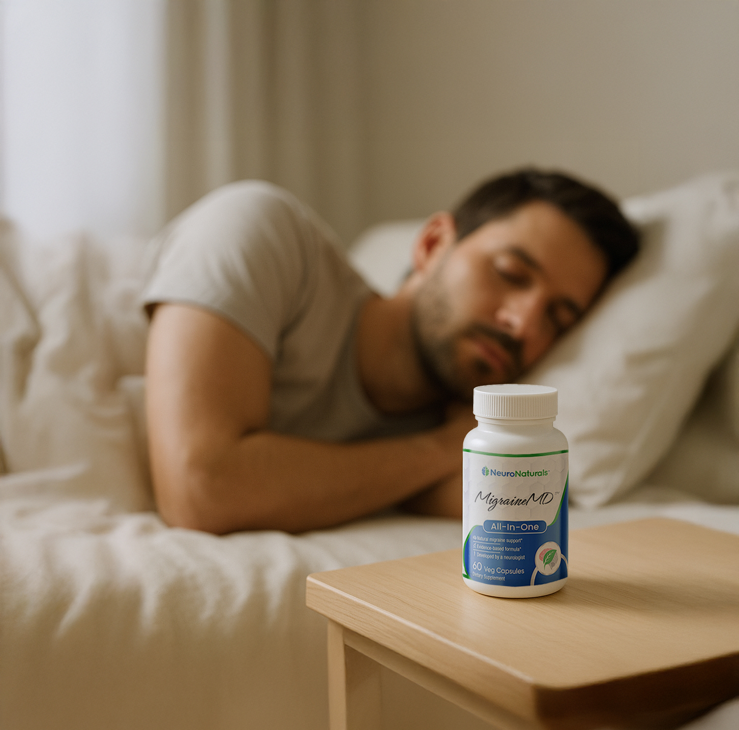 A man sleeping in bed with a bottle of supplements on a bedside table.
