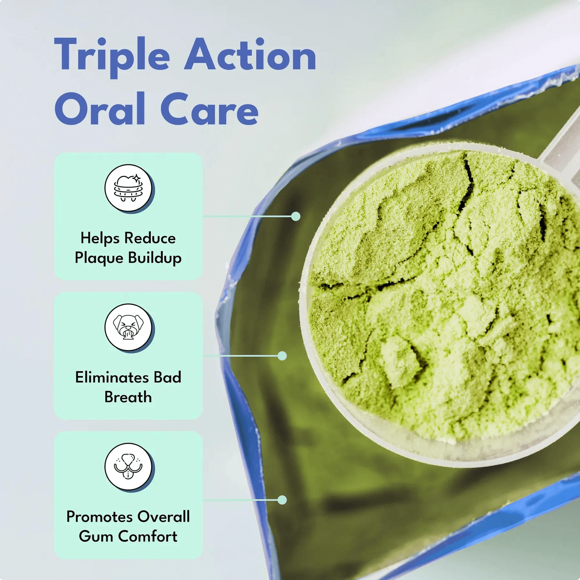 A scoop of green oral care powder next to a list of its benefits for pets.