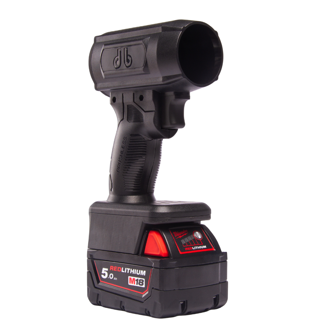 Black cordless power tool with a red lithium battery pack.