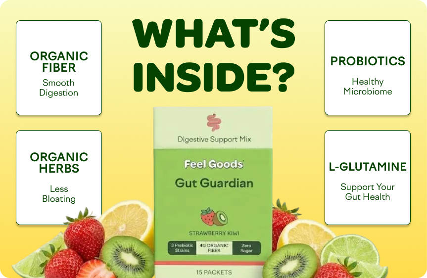 Packaging of a digestive mix with fruits and health benefits listed around it.