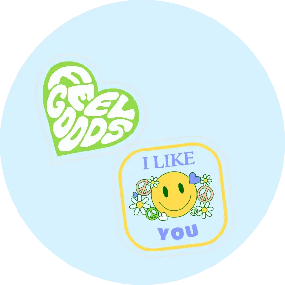 Two colorful stickers: 'feel goods' heart and smiley face with flowers.