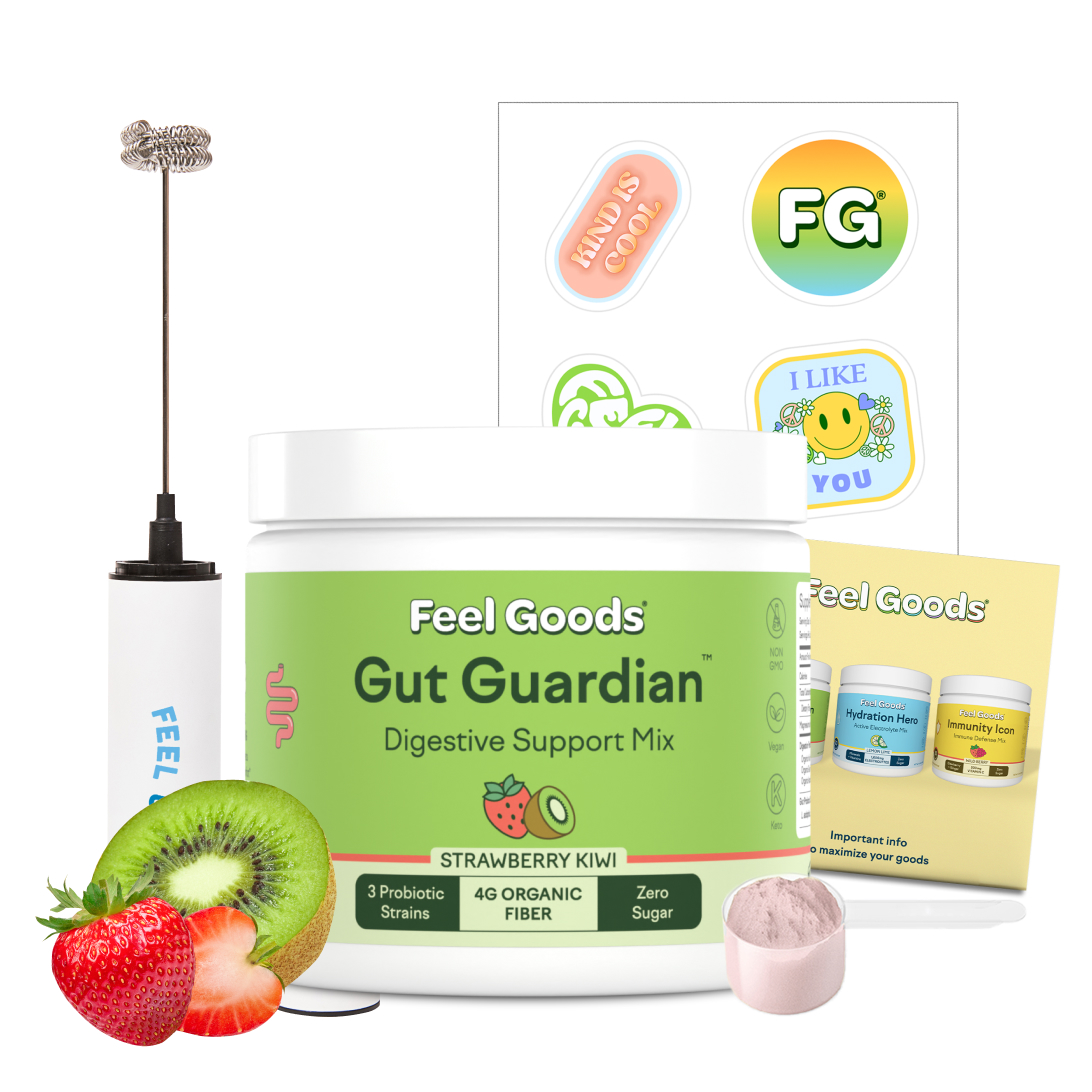Gut Guardian supplement with lemon, ginger, frother, stickers, and informational card.