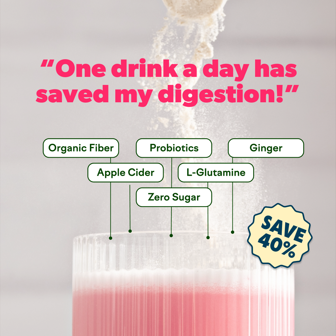 Pink drink with text about digestion benefits and ingredients, including probiotics and ginger.