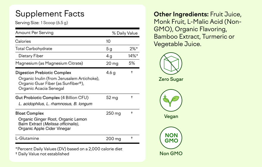 Supplement facts label with nutritional information and icons indicating zero sugar, vegan, and non-GMO.