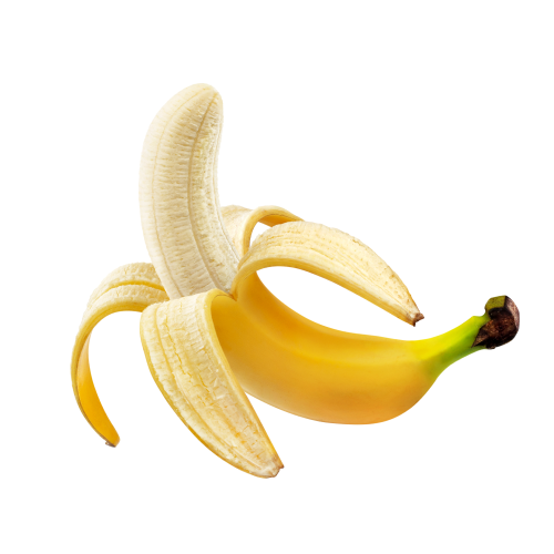 A peeled banana with the peel partially open, isolated on a white background.