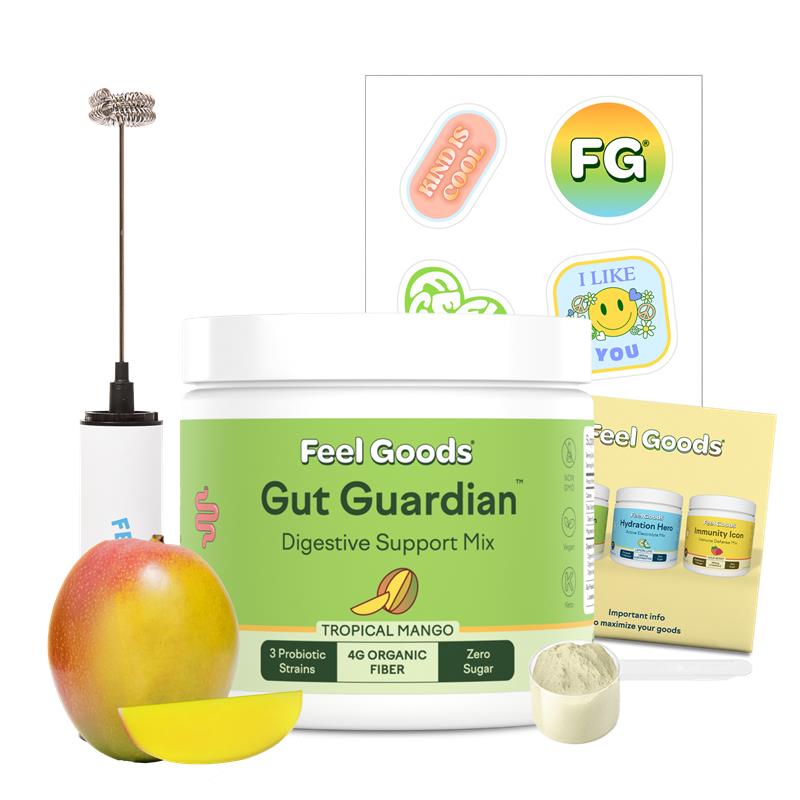 Gut Guardian supplement with lemon, ginger, frother, stickers, and informational card.