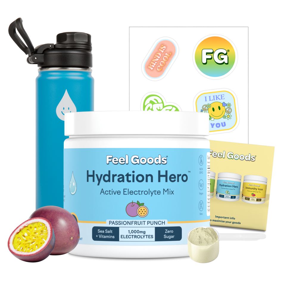 Hydration mix container, water bottle, passionfruit, stickers, and scoop of powder.