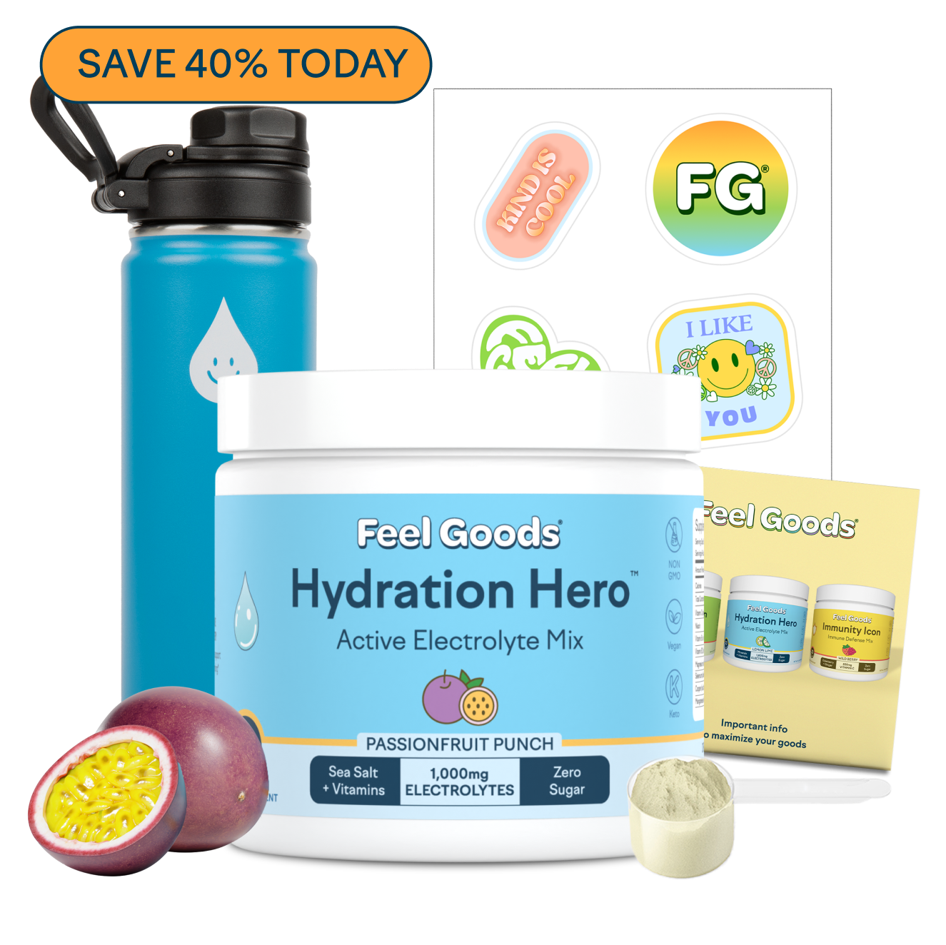 Hydration mix container, water bottle, passionfruit, stickers, and promotional card on a white background.