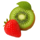 A red strawberry rests against a halved green kiwi fruit with a single green leaf.