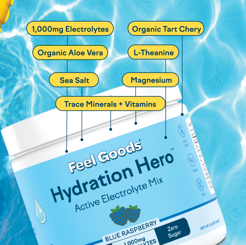 Hydration electrolyte mix with ingredients like aloe vera, tart cherry, and vitamins, on a blue background.