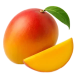 A whole mango with a leaf, next to a slice of mango on a transparent background.