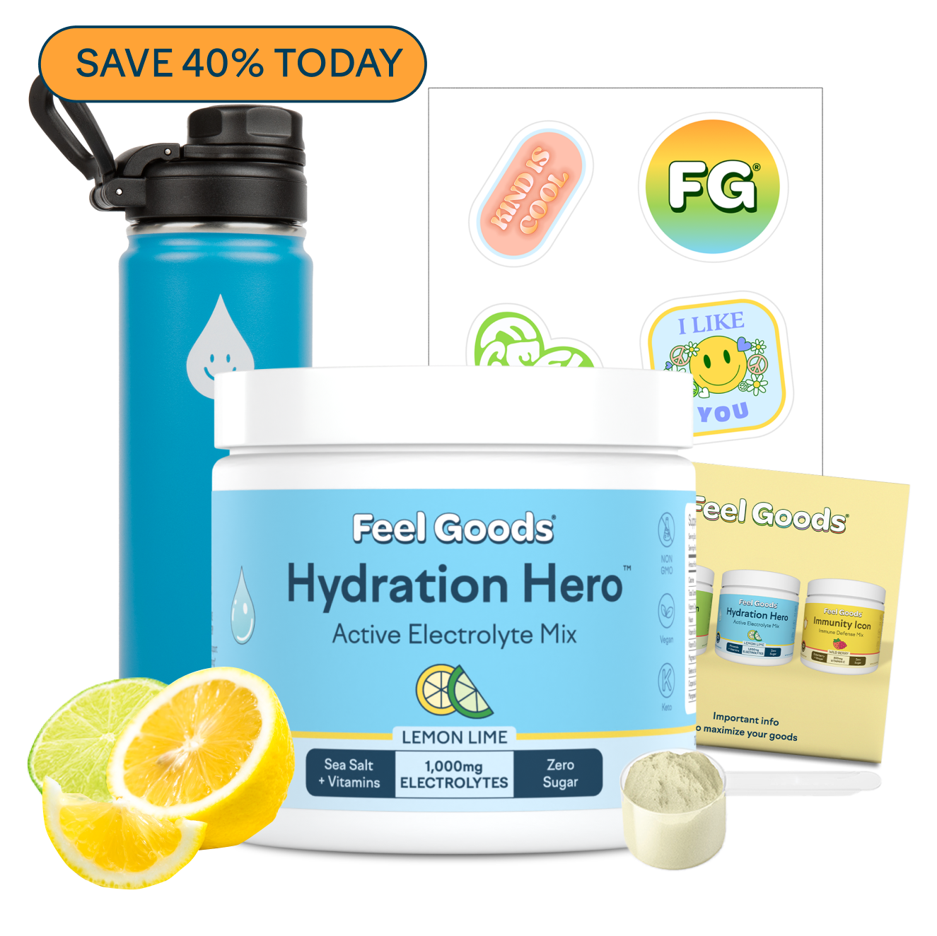 Hydration Hero powder with water bottle, lemon, lime, and promotional stickers.