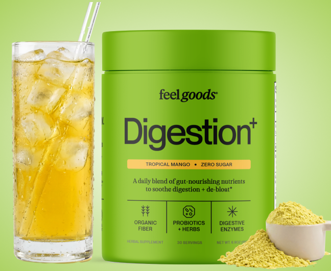 A green canister of feel goods Digestion+ supplement next to a glass of iced tea and a scoop of powder.