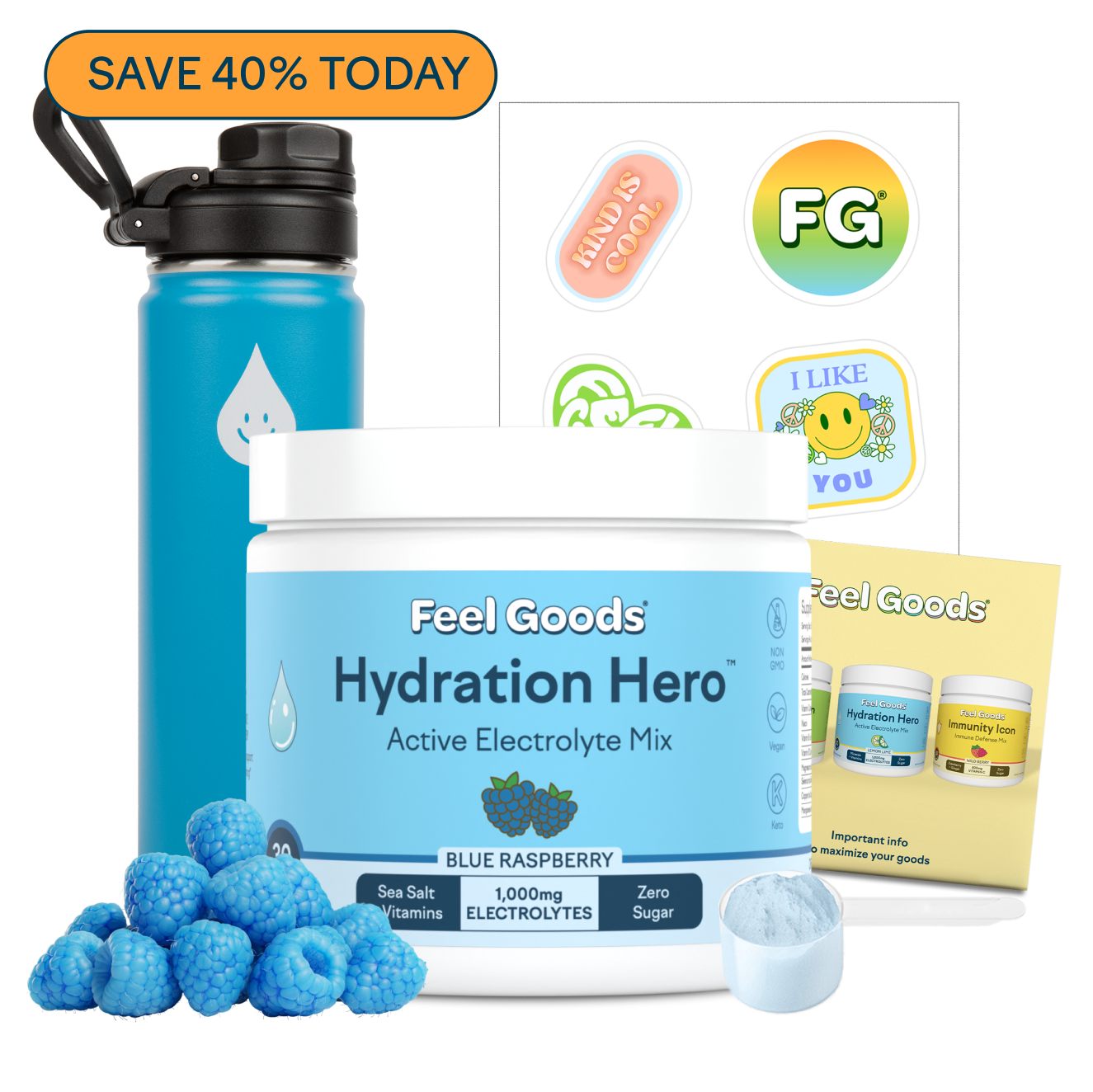 Hydration drink mix with a water bottle, stickers, and passionfruit flavor shown.