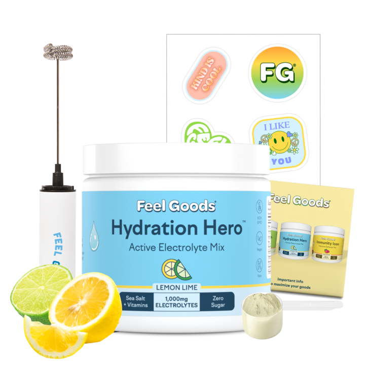 Hydration drink mix with a water bottle, stickers, and passionfruit flavor shown.