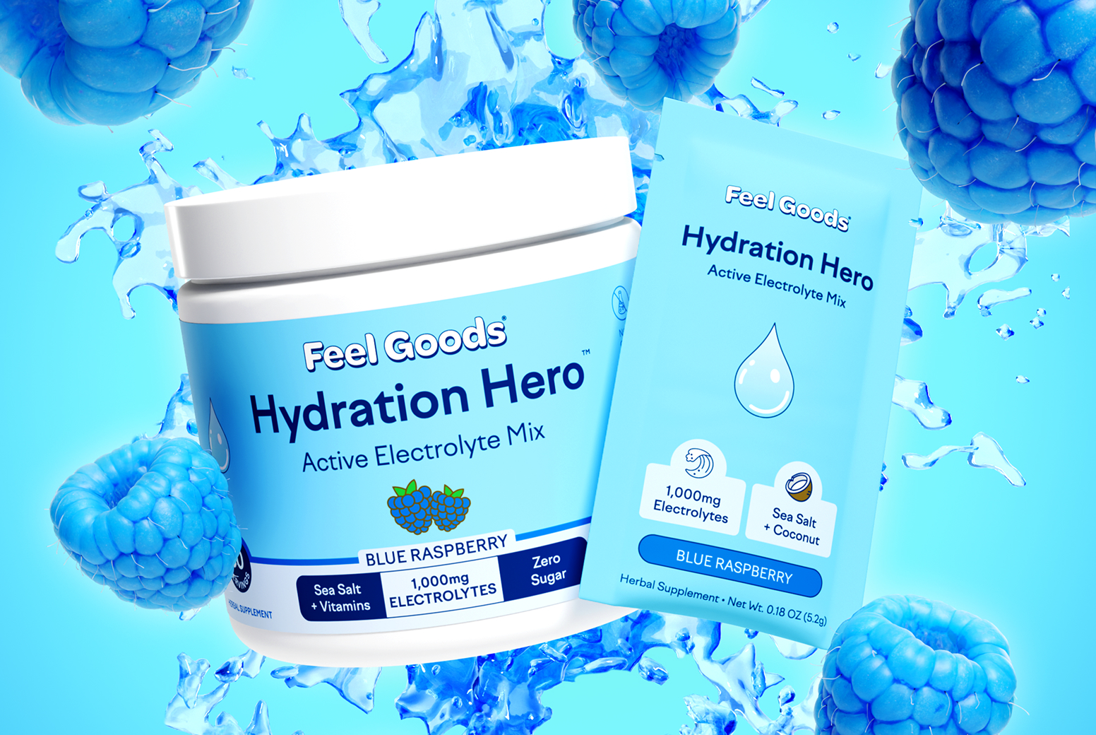 Hydration Hero blue raspberry electrolyte mix packaging with water splashes and raspberries.