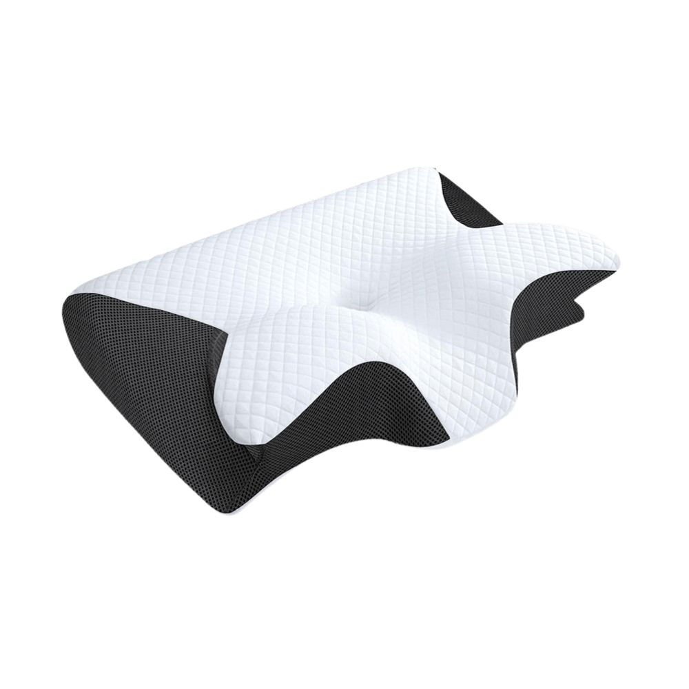 Ergonomic white and black memory foam pillow on a black background.