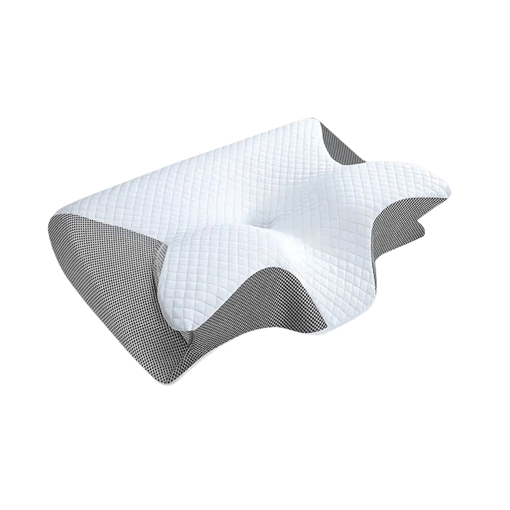 White ergonomic pillow with a quilted pattern on a black background.