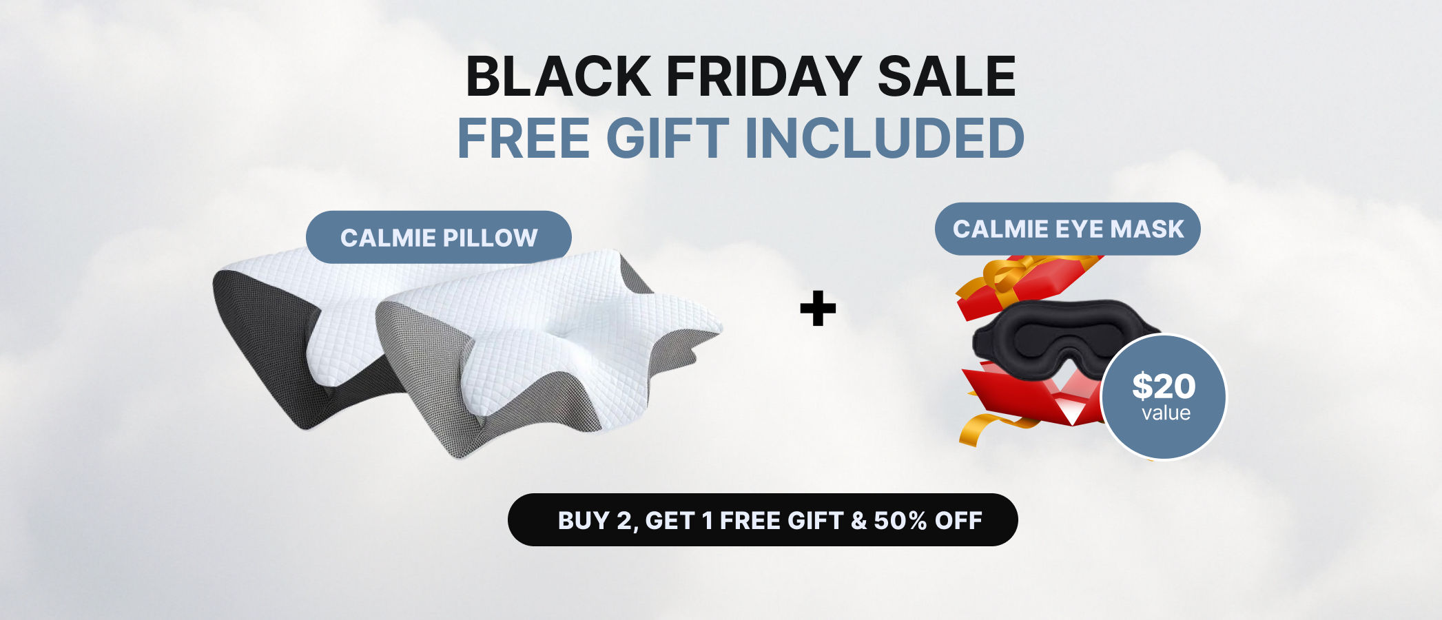 Black Friday sale banner with pillows and eye mask offer.