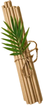 A bundle of rolled-up scrolls tied with twine, with a single green palm frond tucked in.