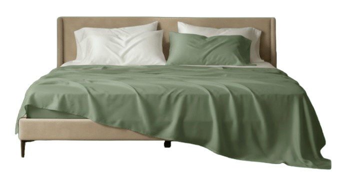 A bed with a beige headboard made with sage green sheets and four pillows against a black background.