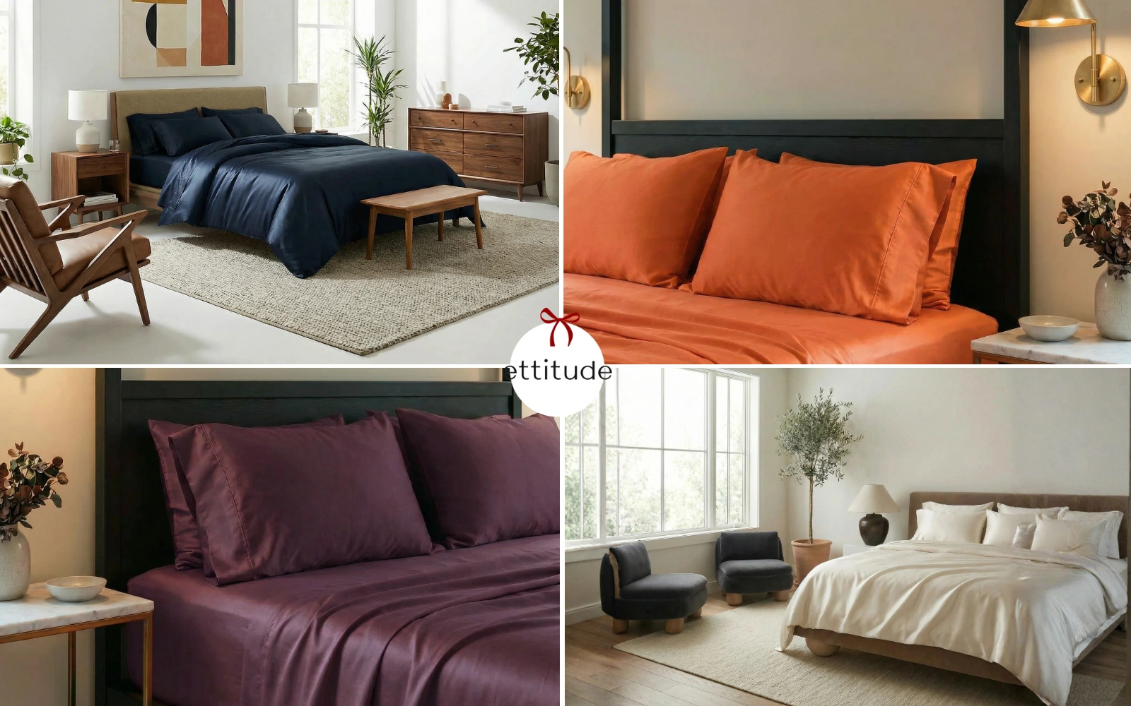 Bedroom collage featuring various bed linens and decor in different styles and colors.
