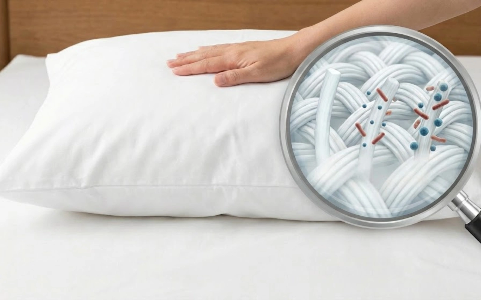 Hand on white pillow with close-up of fabric fibers.