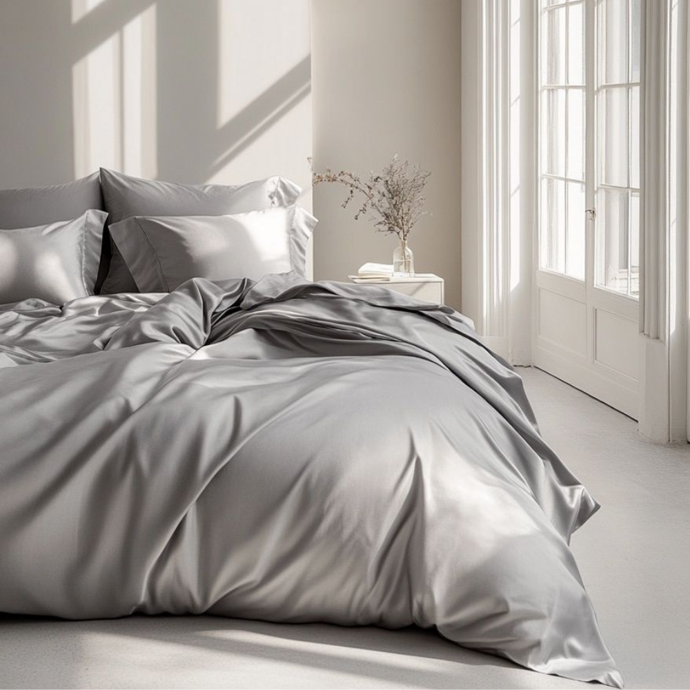 A bed with silky grey sheets and pillows in a brightly lit, minimalist bedroom.