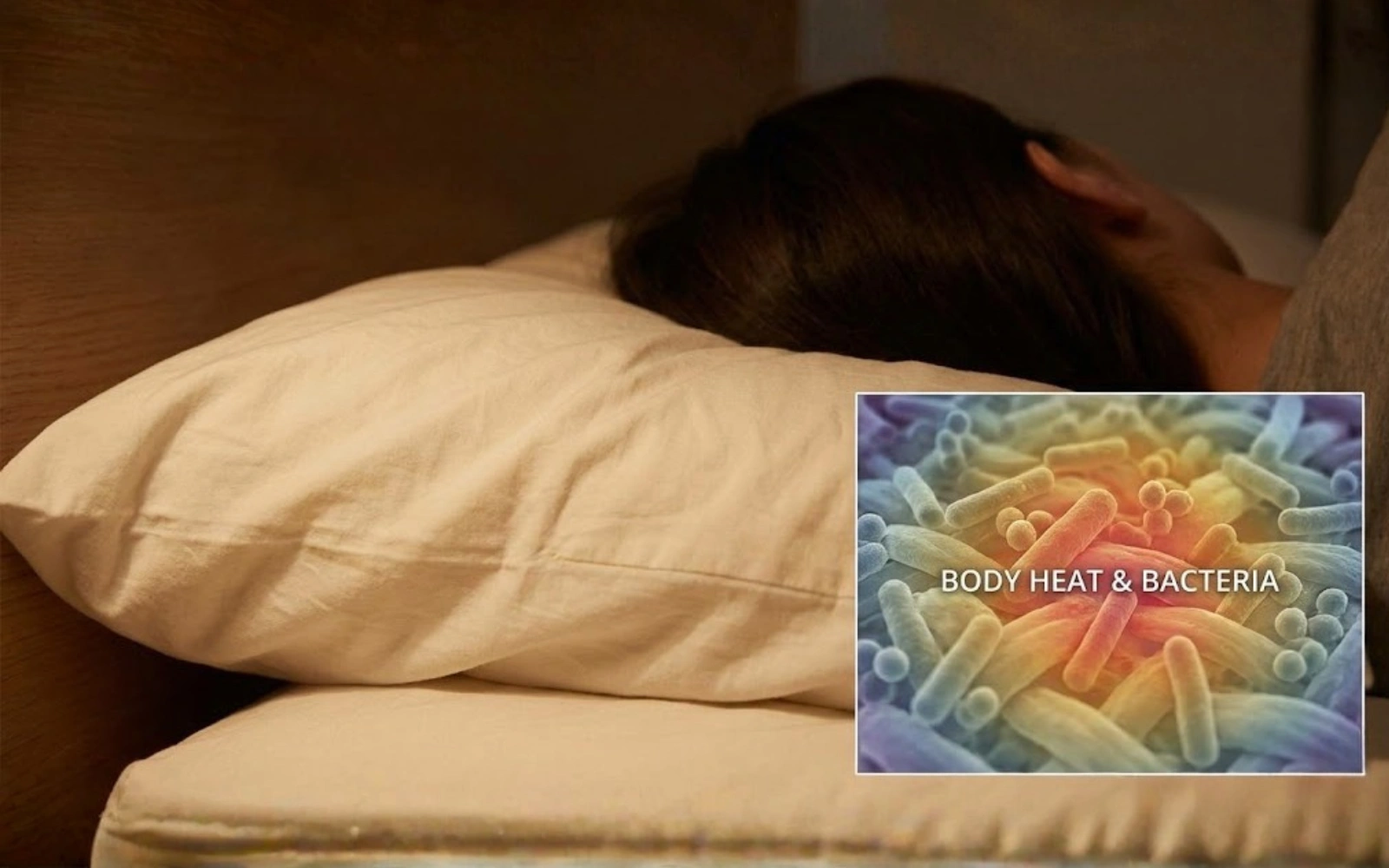 Person sleeping on a pillow with microscopic bacteria image inset.