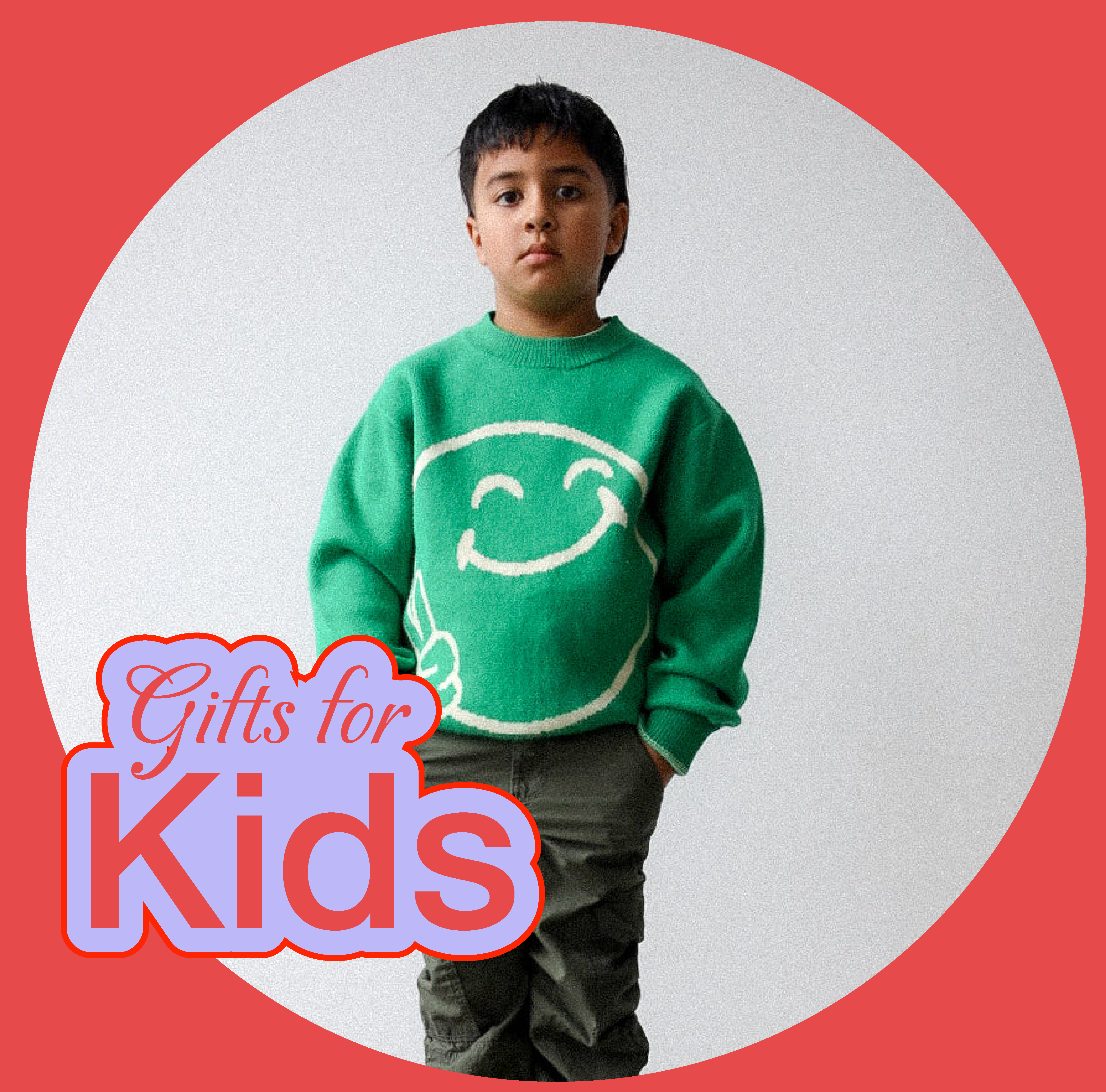 Child in green sweater with smiley face, 'Gifts for Kids' text overlay.