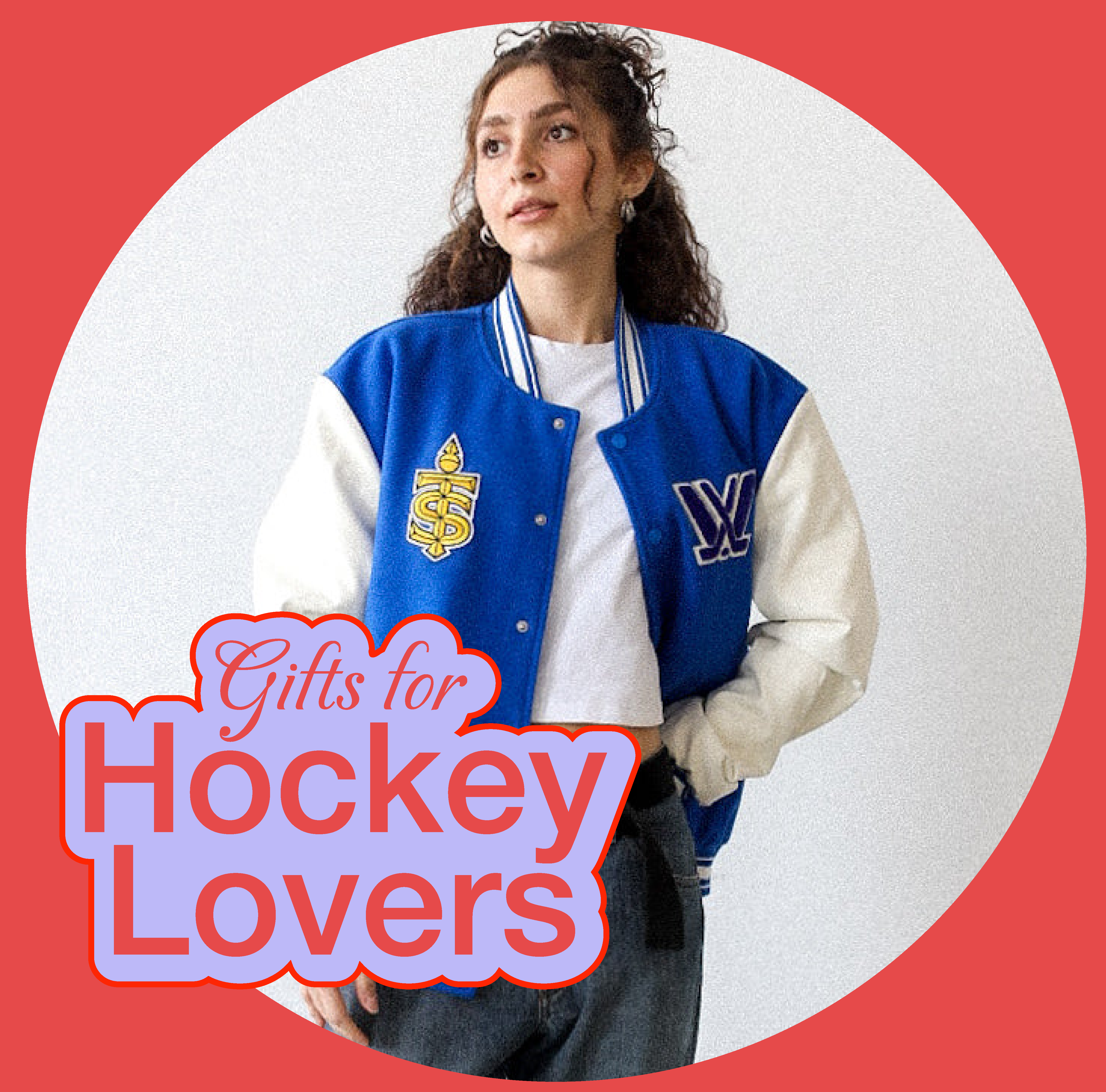 Person in blue varsity jacket with text 'Gifts for Hockey Lovers' on red background.