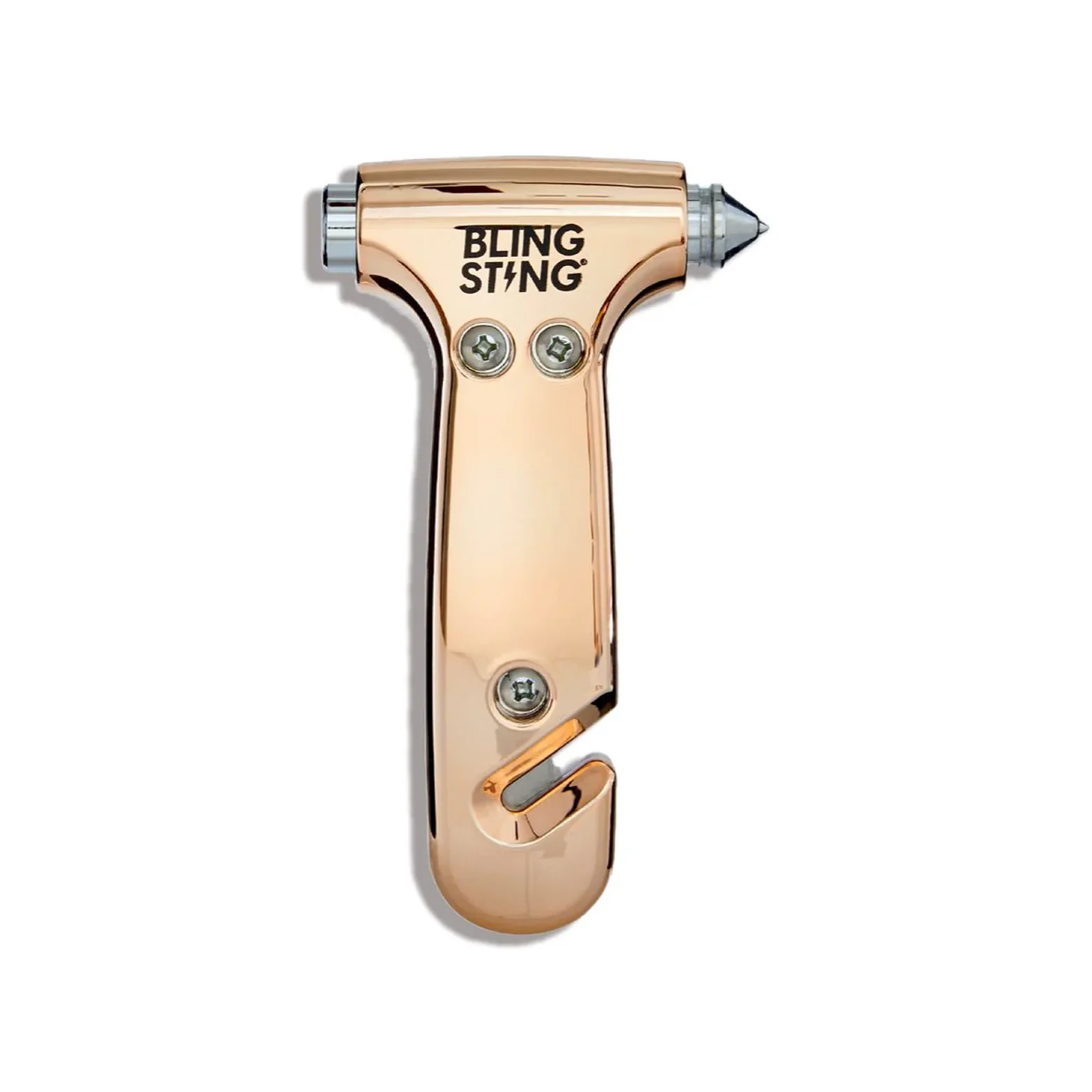 A rose gold Bling Sting emergency car tool with a glass breaker and seat belt cutter.
