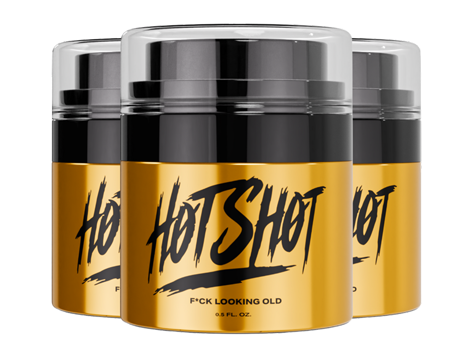 Three black and gold cosmetic containers with 'Hot Shot' label.