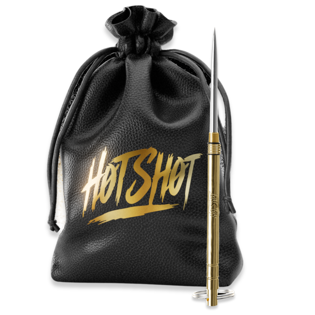 Black leather pouch with 'HotShot' in gold, alongside a slim, metallic tool.