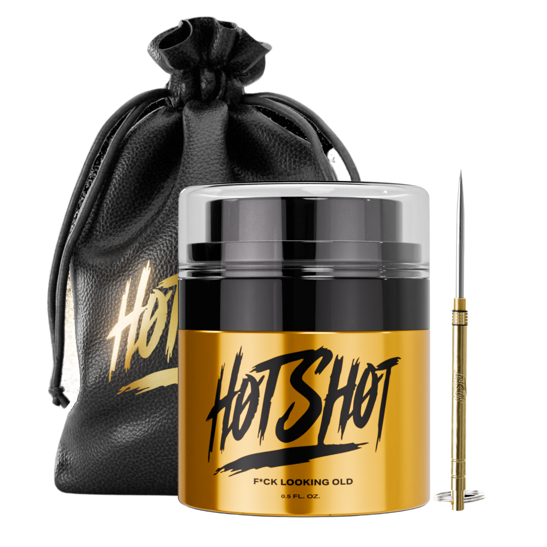 Gold and black jar labeled 'Hot Shot' with black bag and pointed tool.