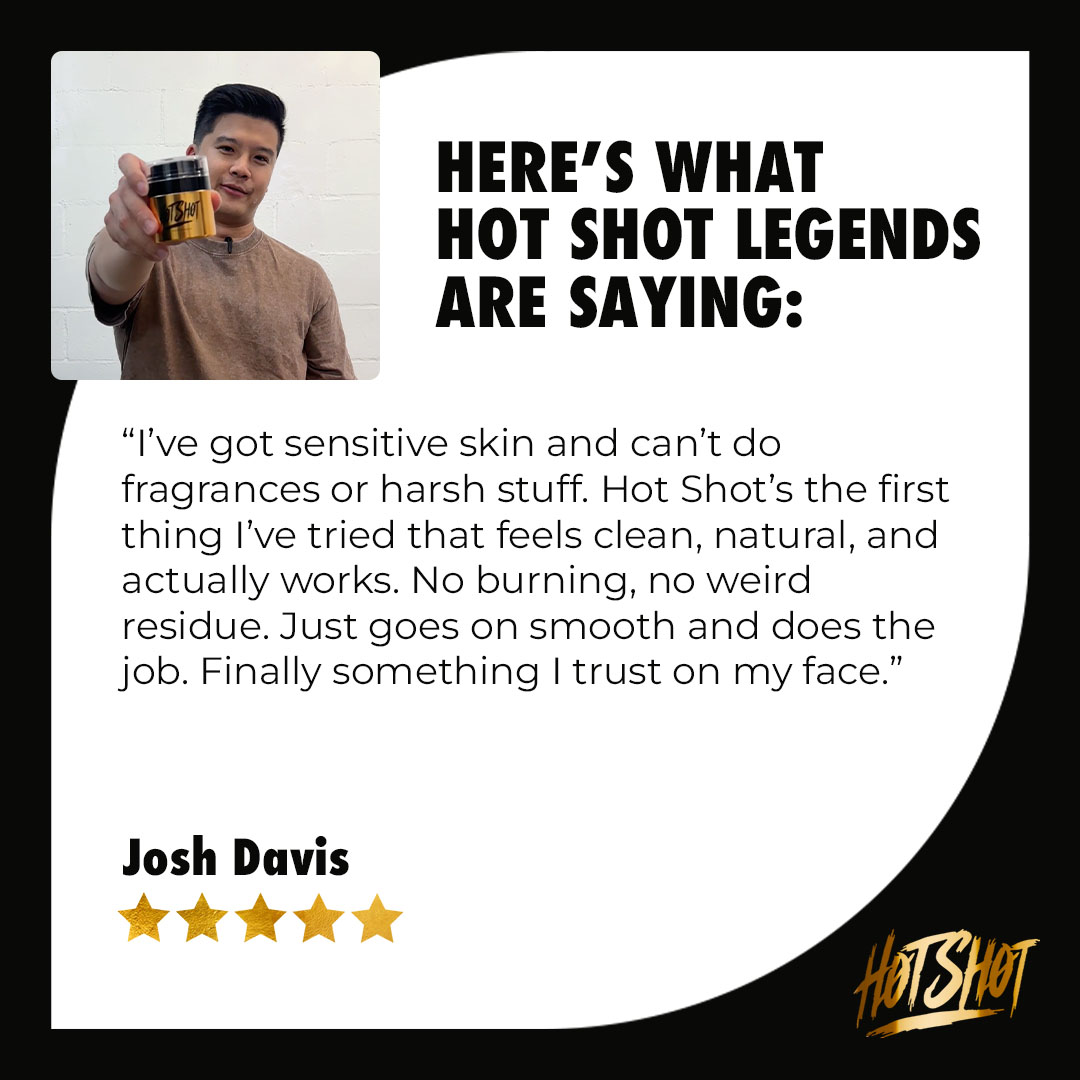 Man holding product with testimonial text and five-star rating.