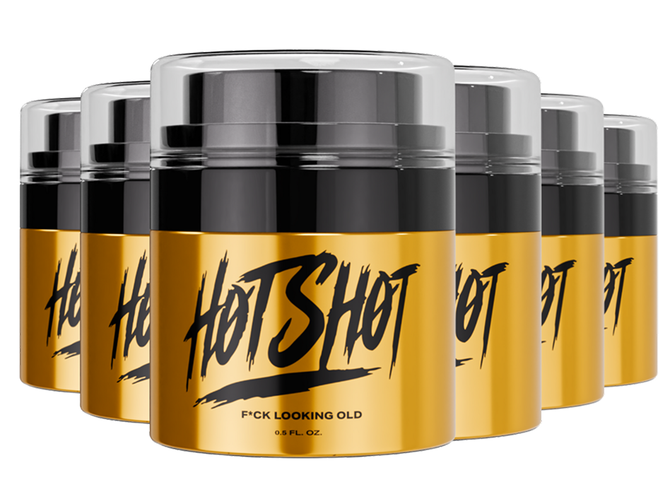 Five bottles of 'Hot Shot' product with gold and black labels.