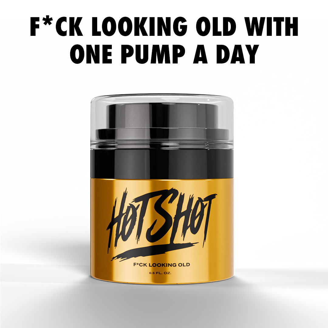 Gold and black cosmetic bottle with bold text above.