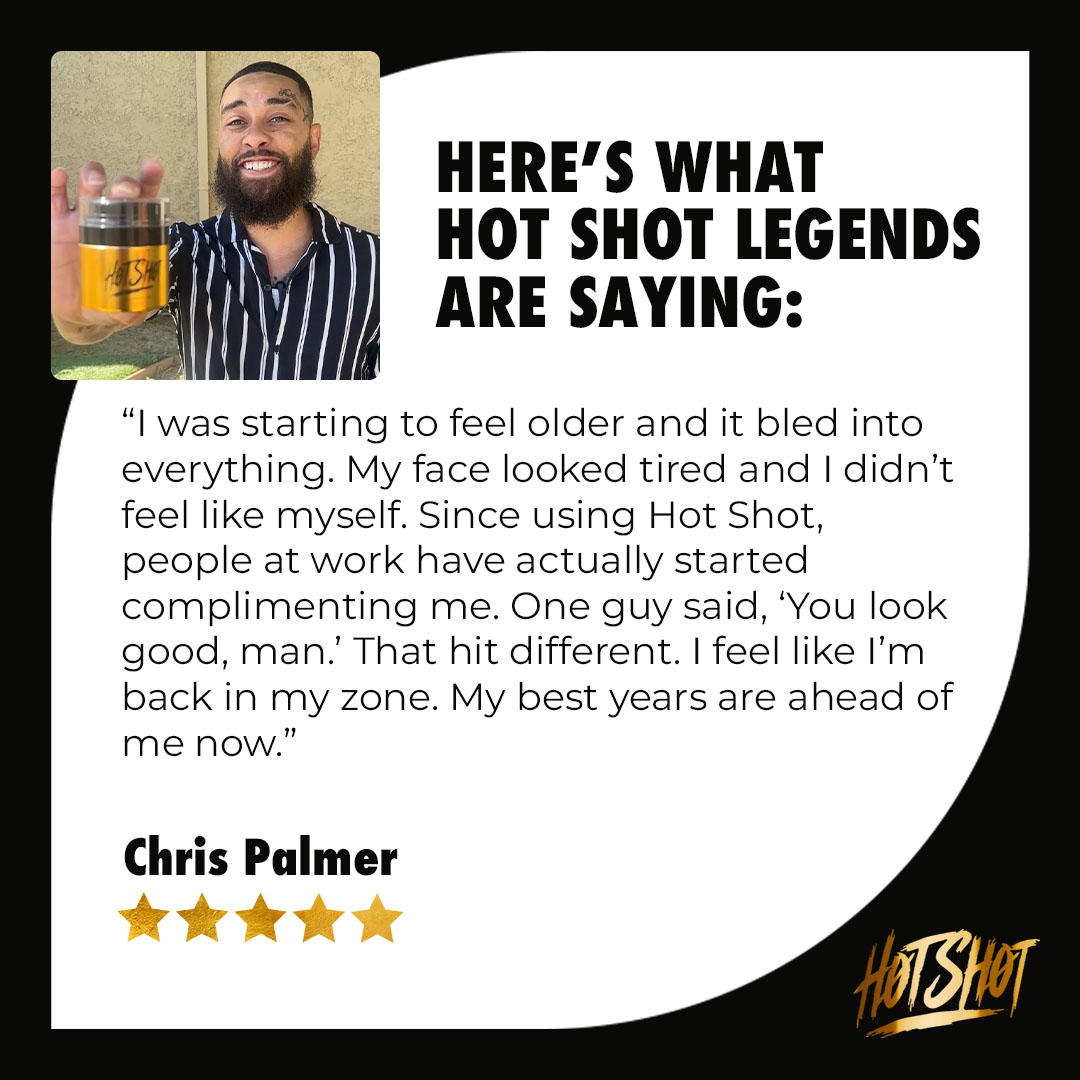 Man holding a product with testimonial text and five-star rating.